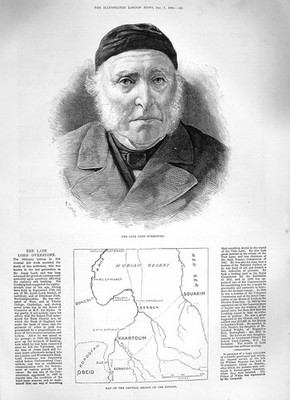 Alter antiker Druck 1883 Portrait Lord Overstone Karte Zentralregion Soudan 19.