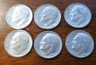 (Lot of 6) Roosevelt SILVER Dimes. Set 1956-64 mix  .  VF to BU