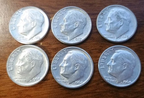 (Lot of 6) Roosevelt SILVER Dimes. Set 1956-64 mix  .  VF to BU