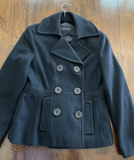 Nine West Women's Pea Coat Black Wool Blend Double Breasted Button EUC Size 4
