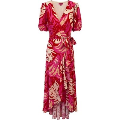 Flying Tomato Pink Red Tropical Leaf Print High Low Wrap Maxi Dress Medium