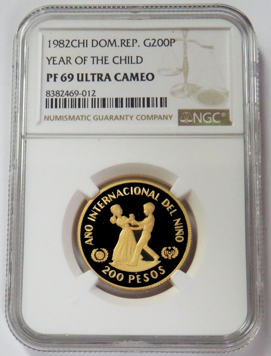 1982 GOLD DOMINICAN REPUBLIC 200 PESOS YEAR OF THE CHILD NGC PF 69