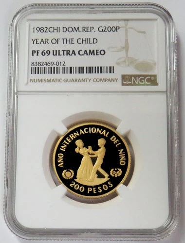 1982 GOLD DOMINICAN REPUBLIC 200 PESOS YEAR OF THE CHILD NGC PF 69 UC