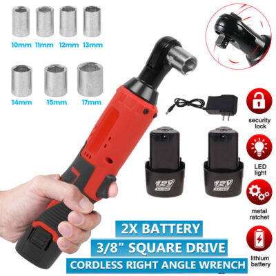 12V Electric Cordless Ratchet 3/8''Right Angle Wrench Impact Power Tool 2 Battery