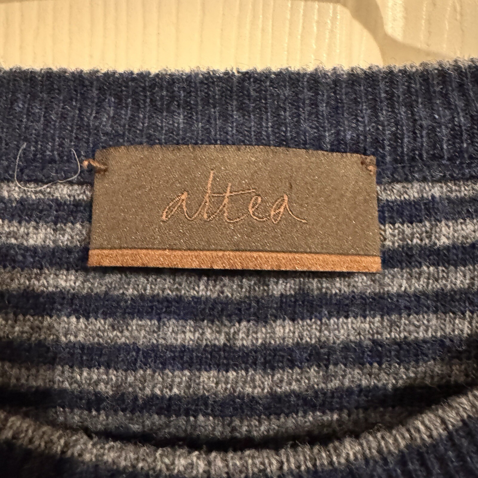 ALTEA Men's Medium 100% Virgin Wool Blue Crew Neck Sweater Elbow Patches **Flaws