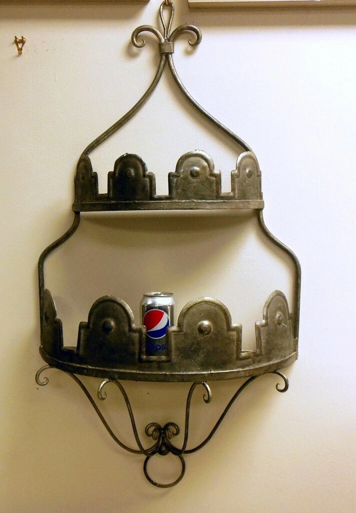 Vintage Tin Tole Pewter Metal Wall Shelf Country French Monteith Crown Chic