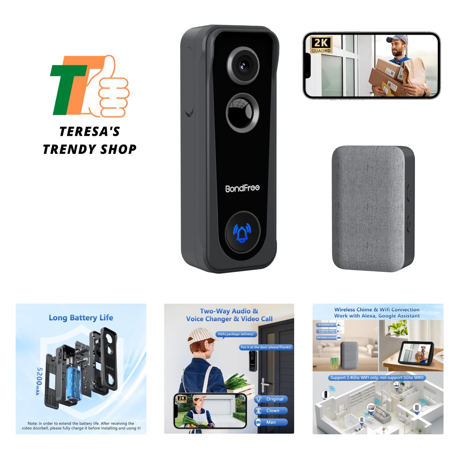 Wireless Doorbell Camera with Wireless Chime, 2K Video Doorbell Wireless, 2.4...-image