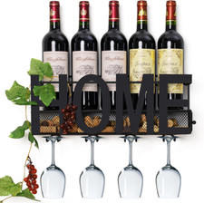 Botellero de Vino Metálico Pared, Soporte para 4 Copas y Almacenamiento Corchos