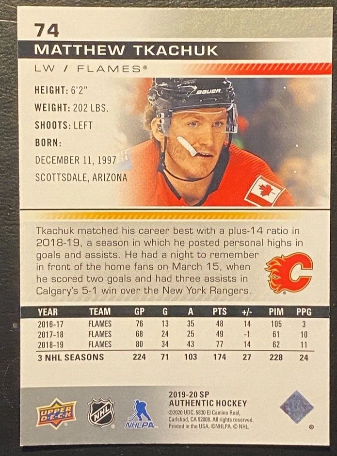 Matthew Tkachuk 2019-20 Upper Deck SP Authentic #74 Calgary Flames - Image 2 of 2