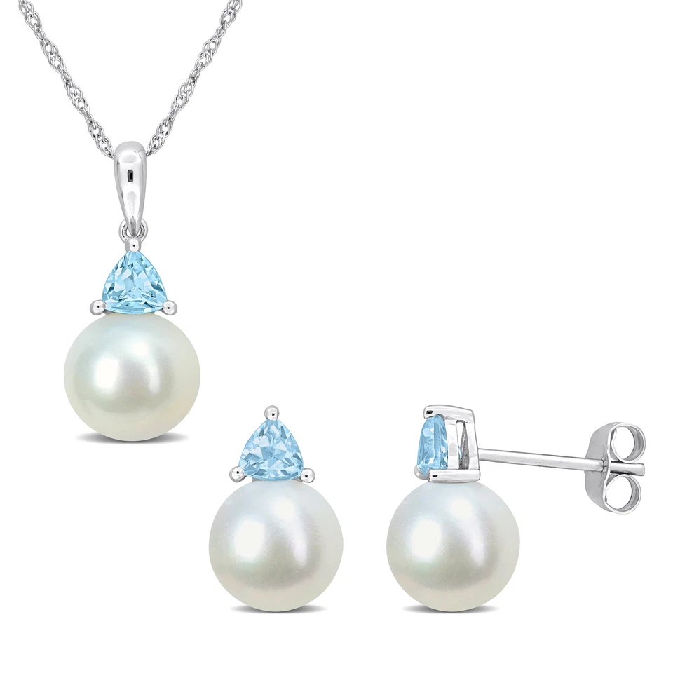 Amour 10K White Gold FW Pearl & Sky Blue Topaz Earrings, Pendant & Chain Set