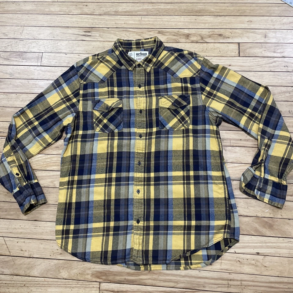 Camisa de franela Urban Pipeline para hombre XL amarilla a cuadros patín playa apilada manga larga Foto 3 de 4