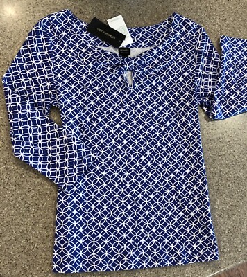 RAFAELLA STUDIO ~ New! Blue/White Geometric Print 3/4 Sleeve Cotton Top NWT Sz S