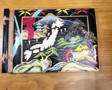 Vintage 1950's Hand Painted Photo Album Wood Black Lacquer Cover Japan 11" x 16"