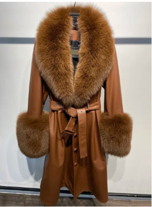 ジャケット・アウター fur collar belted trench coat Women's Real Fox Fur Collar Trench Coat Tassels Belted Slim