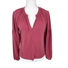 Lucky Brand Blouse Women Small Pink Split V-Neck Long Sleeve Stretch Top