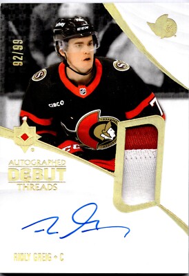 2023-24 Ridly Greig Autographed Debut Threads 92/99 Card #ADT-RG