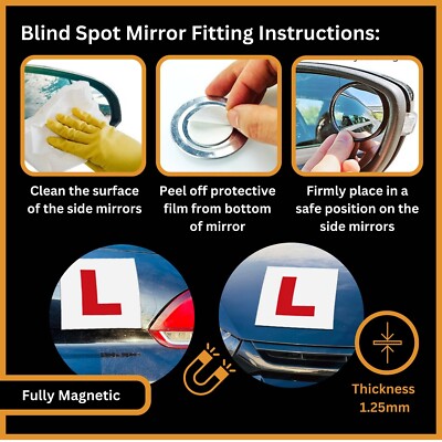 ADDLIVE L Plates Magnetic, 2PCS Fully Magnetic Car L-Plates, 2 Pack Rearview Mirror + Blind Spot Mirrors For Cars, Round Frameless 360° Rotate Sway