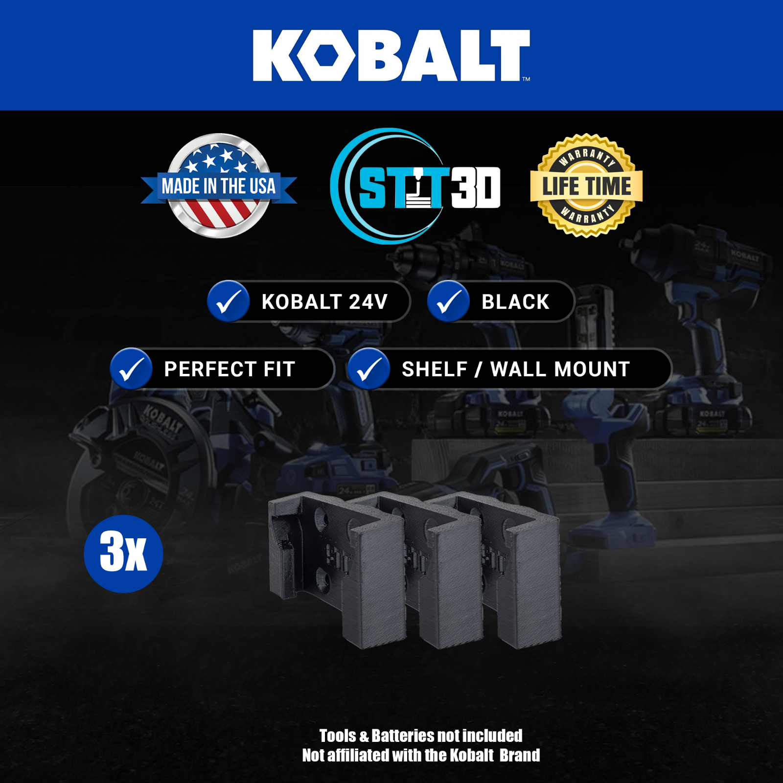 3 pack Kobalt 24 volt / battery holder / Hanger / shelf mount 3d printed Black