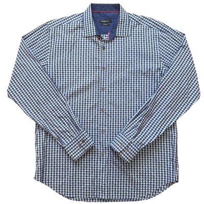 Bugatchi Button Down Shirt Mens L Blue Gingham Micro Dot Shaped Fit Seersucker