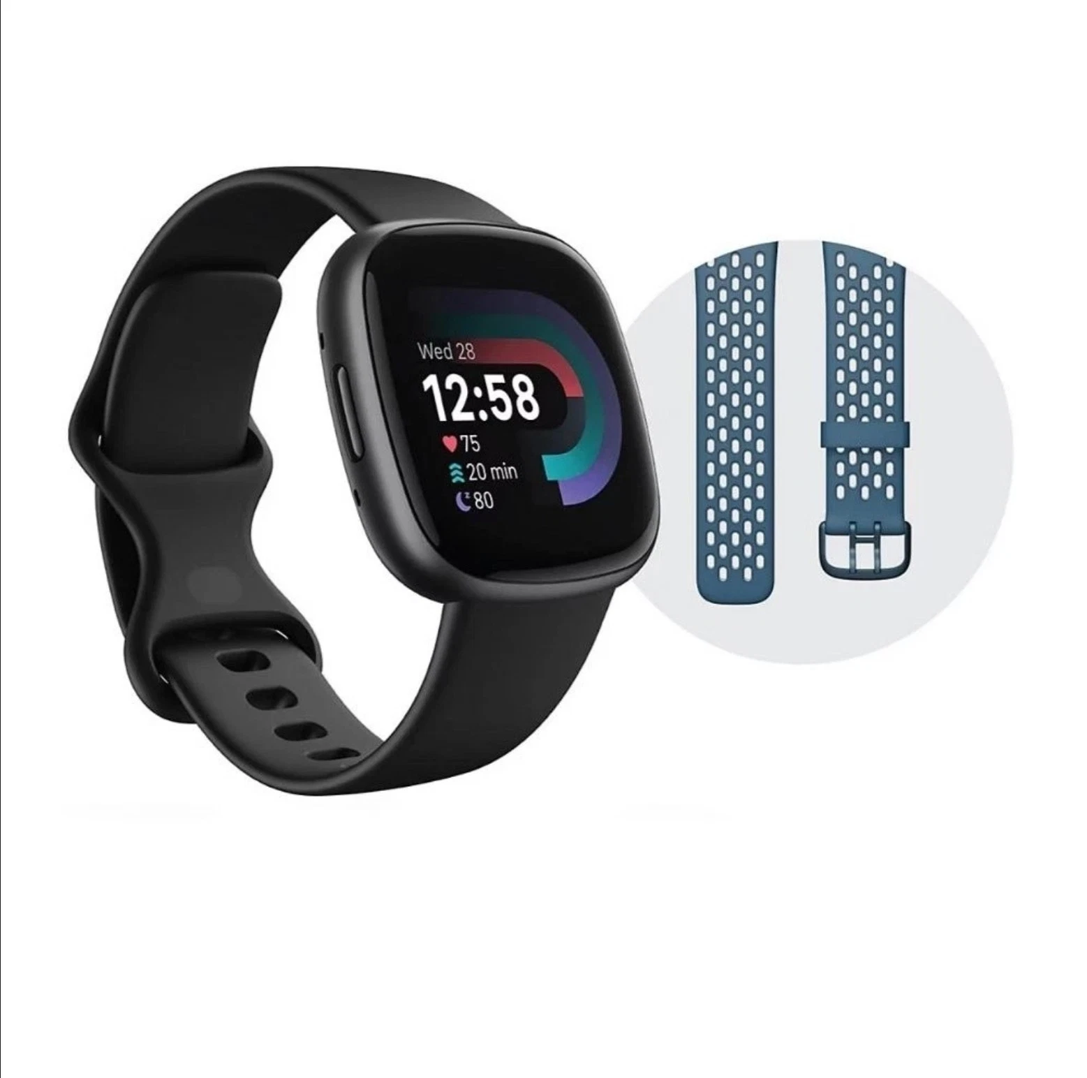 Fitbit Versa 4 Fitness Smartwatch Bundle Black/Graphite Bonus Blue Band Open Box