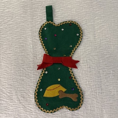 Vintage Felt Christmas Stocking 14x7  Dog Bone W Red Bow BOW WOW! Super Cute!