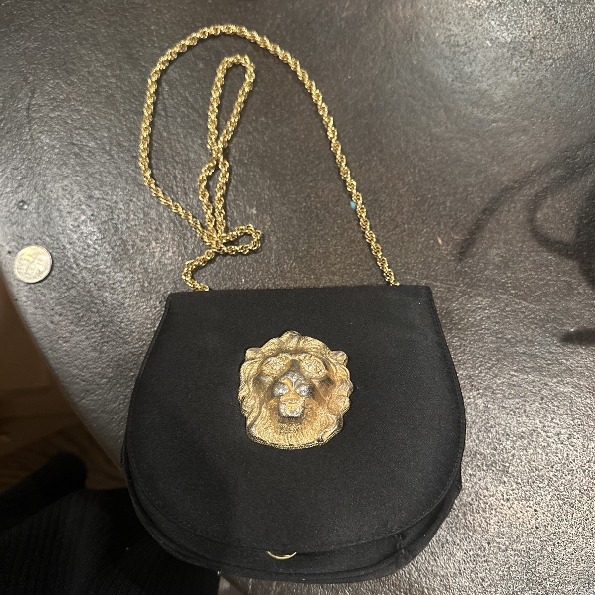 Vintage Morris Moskowitz Satin Vintage Black Handbag Lion Head