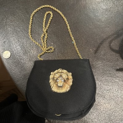 Vintage Morris Moskowitz Satin Vintage Black Handbag Lion Head