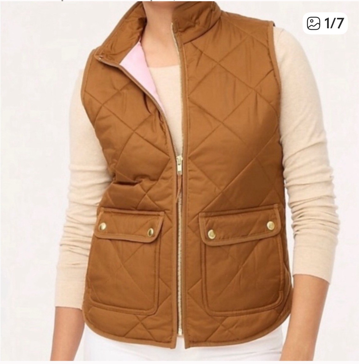 J.Crew Quilted Puffer Vest Women’s Size M Zip Front Snap Pockets Mock Neck Camel