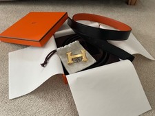 Hermes Kit Cintura Reversibile Arancione e Nero 90cm Oro Spazzolato Fibbia H 32mm