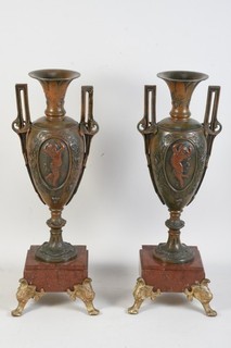 Q73K87 Pair of Art Nouveau Side Plate Vases Cast Metal and Marble Circa 1900