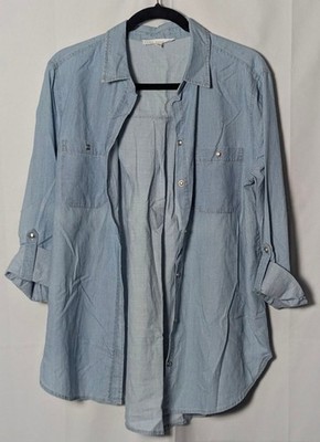 Jane + Delancey Chambray Button Down Shirt Women s Medium Roll Tab Sleeve