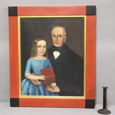 A VERY RARE 19TH C FOLK ART PORTRAIT OF A GRAND FATHER & HIS GRAND DAUGHTER