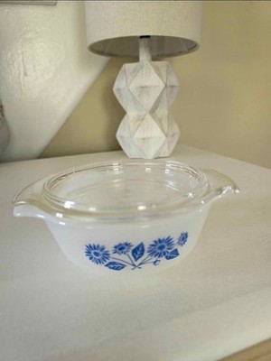 CorningWare Glass Round Casserole with Lid Blue Floral White Vintage  Size 12oz