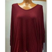 Promesa Burgundy Fringe Poncho Top Oversized Boho Scoop Neck One Size USA Made