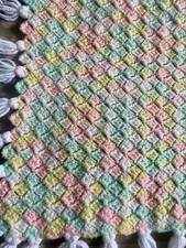 Handmade Crochet Baby Blanket Fringed Edge Pastel Pink Yellow Mint Green 44x34