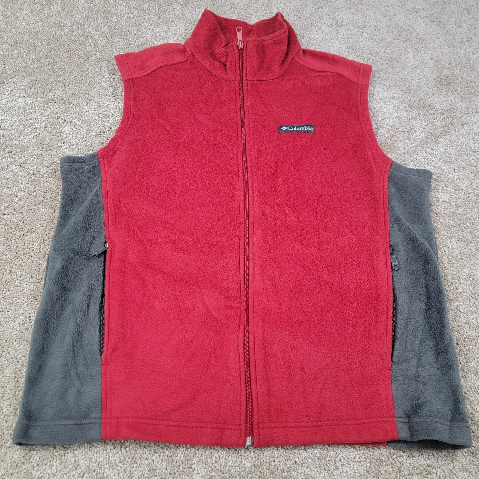 Columbia Men's Fleece Vest Red Gray Full Zip Pockets Outdoor Size L