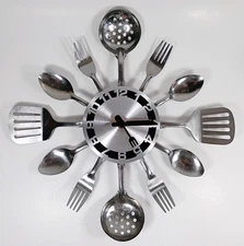 Modern Kitchen Utensil Clock Spoon Fork Knife Cutlery Silver Hanging Wall Decor.