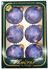 NOS! Box of 6 Purple Crystalline Glass Ornaments 2-5/8” dia Visions by Holly USA