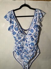 Blue White Floral One Piece V Neck Swim Suit Womens Size Large NWT c16 