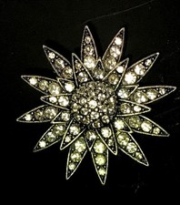 Vintage Starburst Sunburst Silver Tone Clear Rhinestone Brooch Pin Snowflake