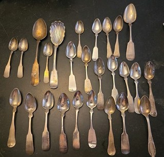 Large Coin Silver Antique Spoon Lot. Many Different Makers 500 Grams