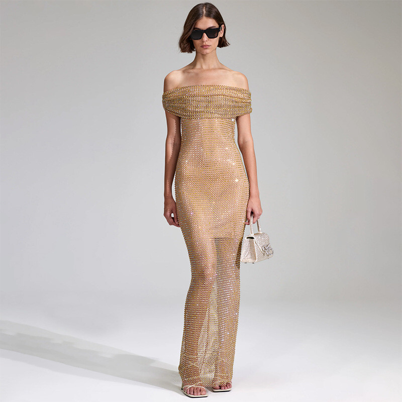 Summer WomenDress American One Shoulder Dress Transparent Sequin Sexy Long  Dress