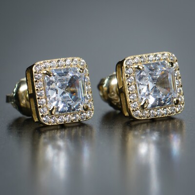 Emerald Cut Mens 14K Gold Plated Sterling Silver Hip Hop Screw Back Earrings