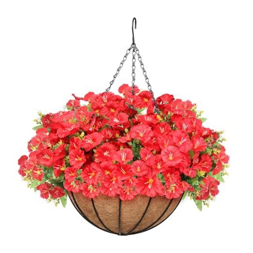 Artificial Hanging Flowers Basket, Fake Plants, Faux Silk Petunias Red