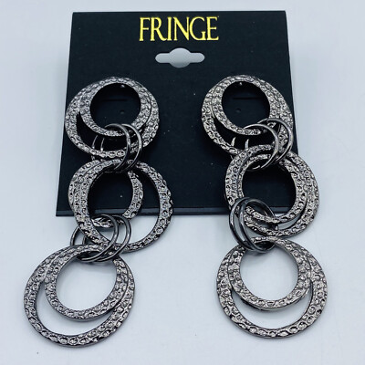 Fringe Brand Black Metal Hoop Stud Drop Earrings New Long