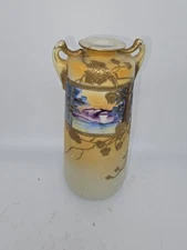 Vintage Nippon Handpainted Landscape Scene With Gold Gilt Vase Maple Leaf Nippon