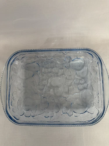 Vintage Libby Orchard Fruit Blue Glass Casserole 10x14”Oven Proof Baking Dish