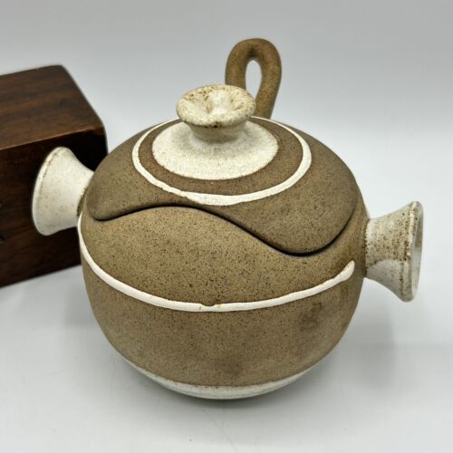 Vtg Earthenware Pottery Sugar Bowl Lidded Spoon 3pc Studio Brown Tan Lid - Picture 2 of 12