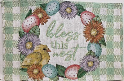 Set of 3 Same Tapestry Placemats, 13''x19'', BIRD, BLESS THIS NEST WREATH. WH