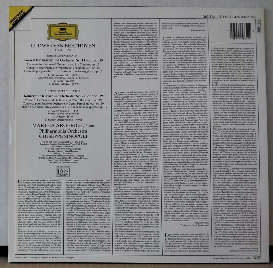 DG 415 682-1 GERMANY BEETHOVEN KLAVIERKONZERTE NOS. 1 & 2 ARGERICH SINOPOLI LP - Image 2 of 3